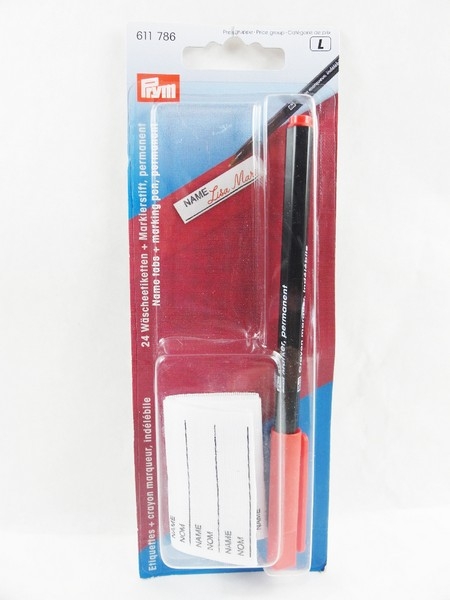 Prym 24 laundry labels & marker pen permanent red