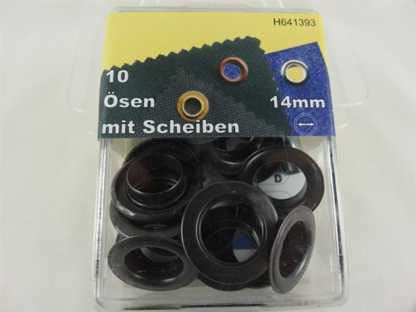 Eyelets with washers and tools 14 mm burnished/black